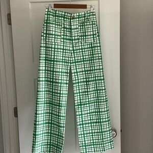 Anthropologie Green and White Plaid Straight Leg Pants